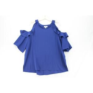 Umgee Top Womens Large Blue Ruffled Cold Shoulder Short Sleeve Boho Peasant